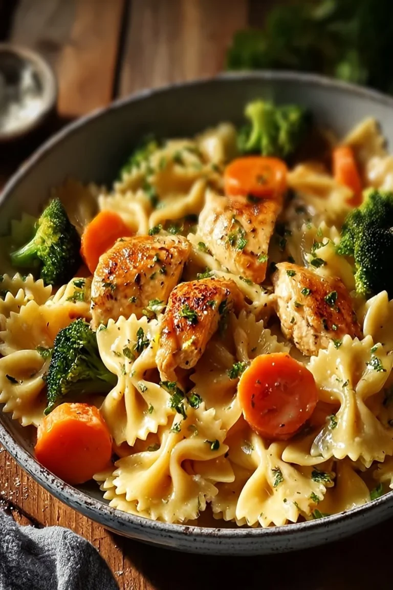 Pâtes papillon au poulet, cheddar et havarti servies dans un plat appétissant