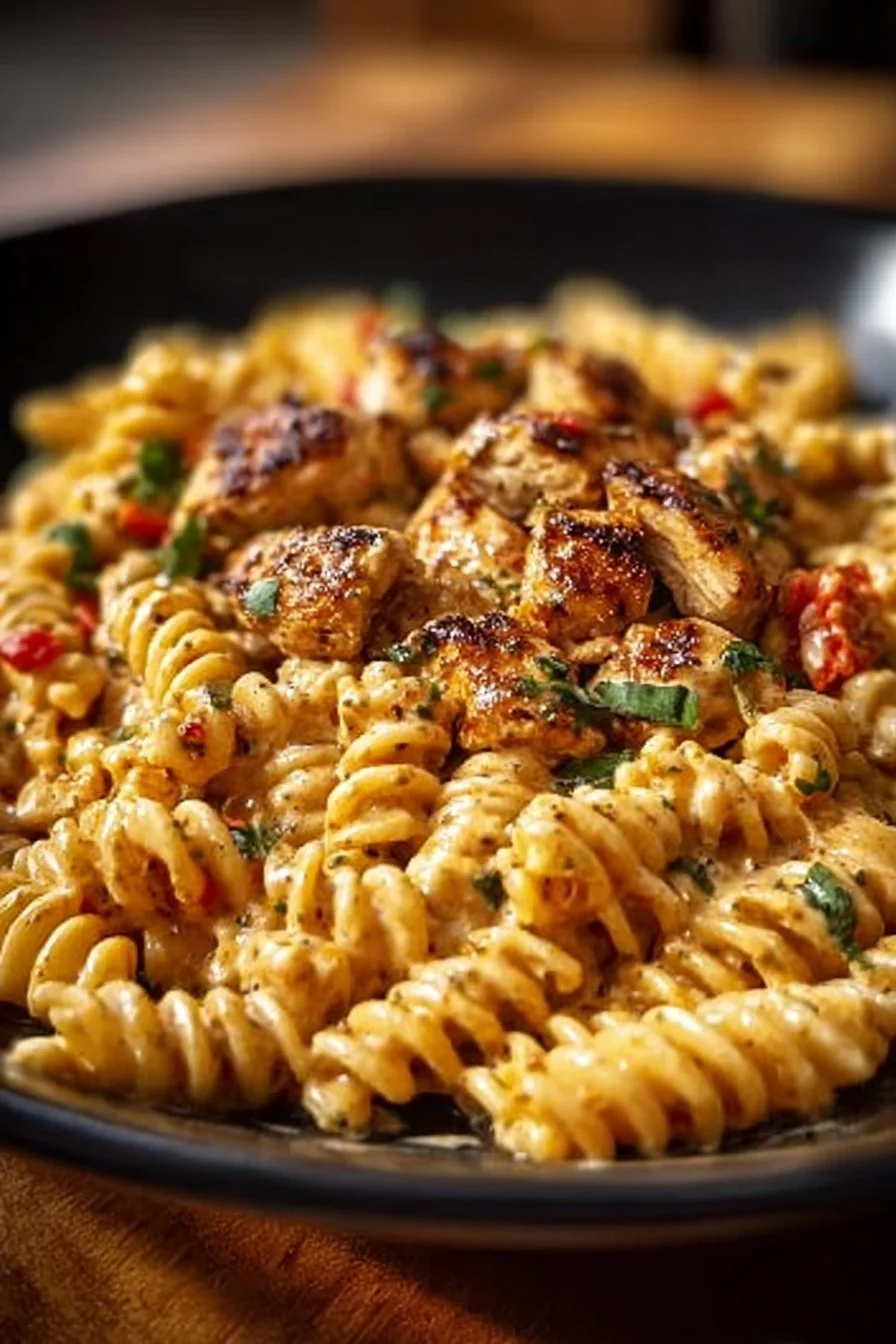 Pâtes rotini au poulet cajun, un plat savoureux et épicé