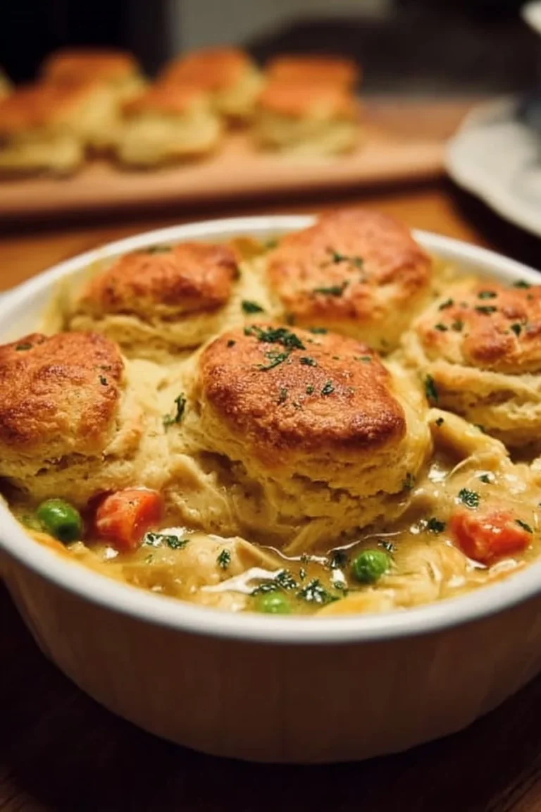 Pot Pie au Poulet servi avec biscuits au cheddar dorés