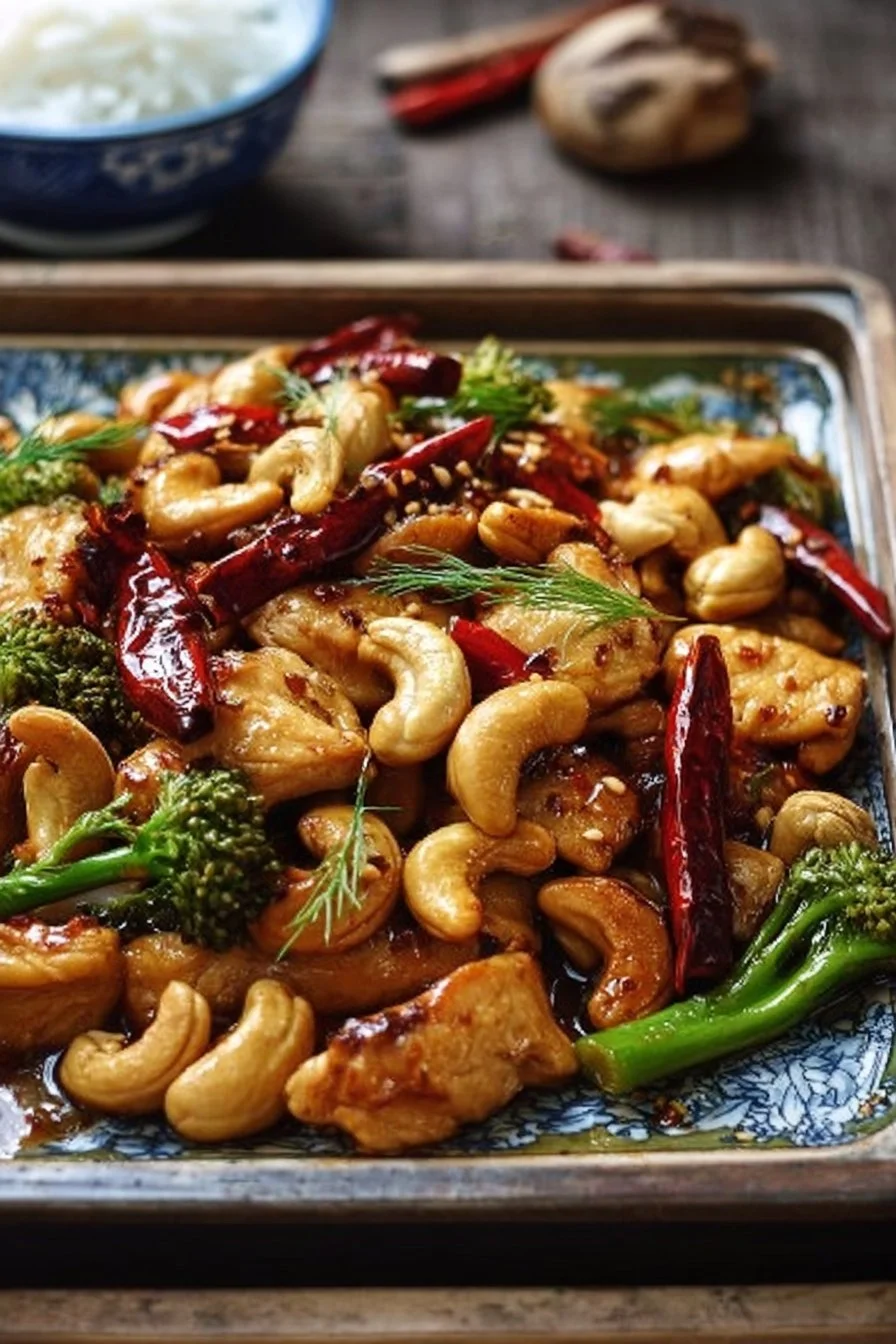Plat de poulet aux noix de cajou garni de légumes frais