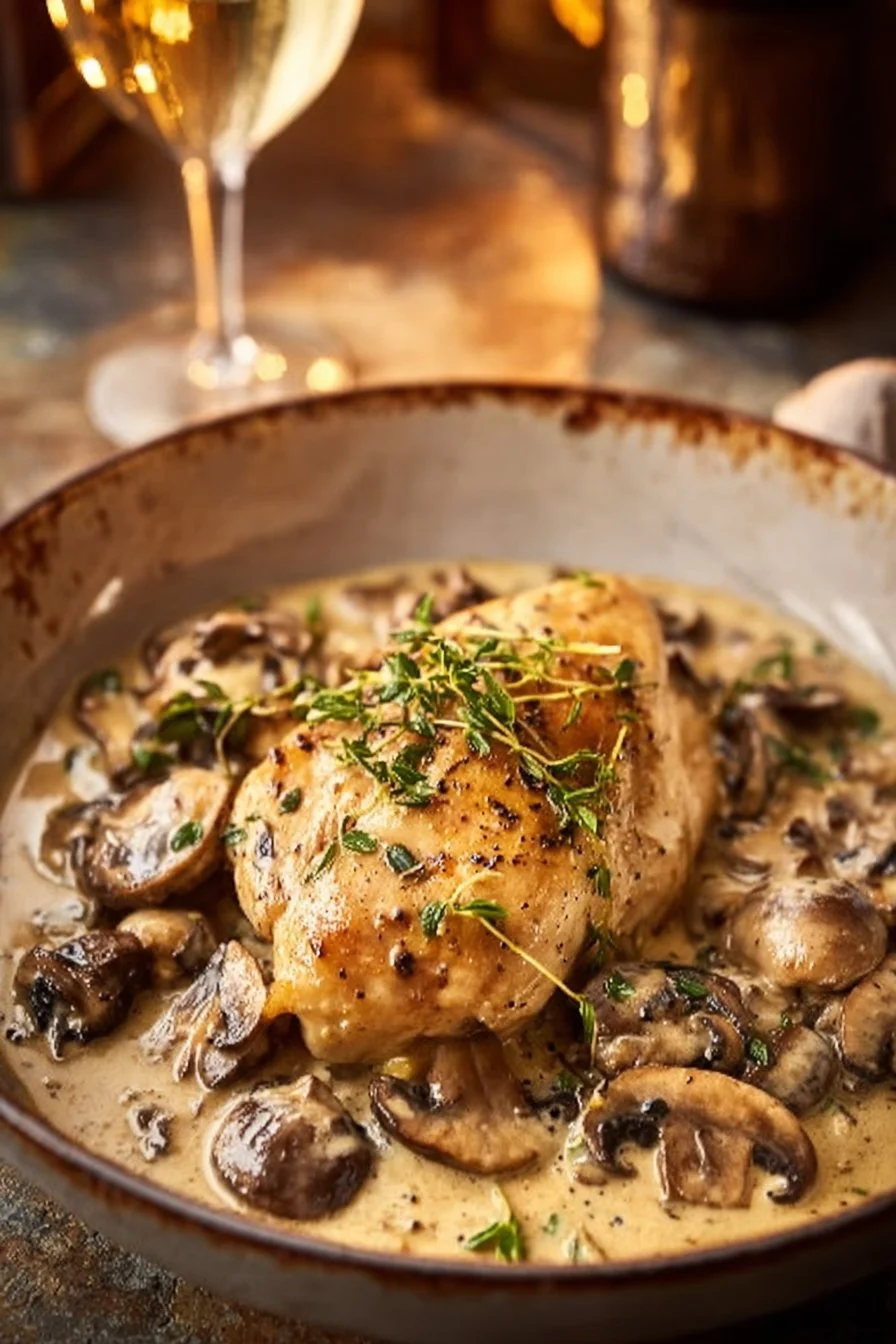Poulet crémeux au vin blanc et champignons, un plat savoureux et réconfortant.