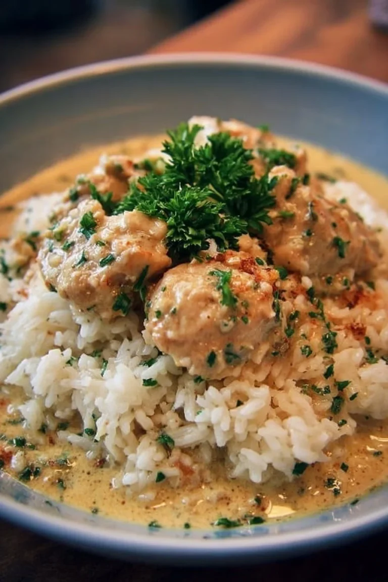 Recette de poulet crémeux avec riz, un plat savoureux et réconfortant.