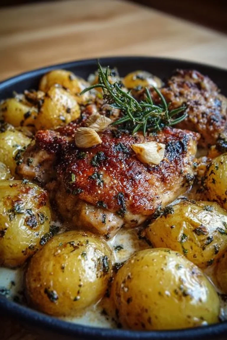 Poulet à l'ail servi avec des pommes de terre rôties savoureuses