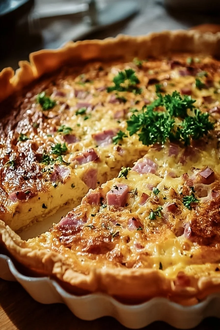Quiche jambon fromage dorée et appétissante, idéale pour un repas convivial