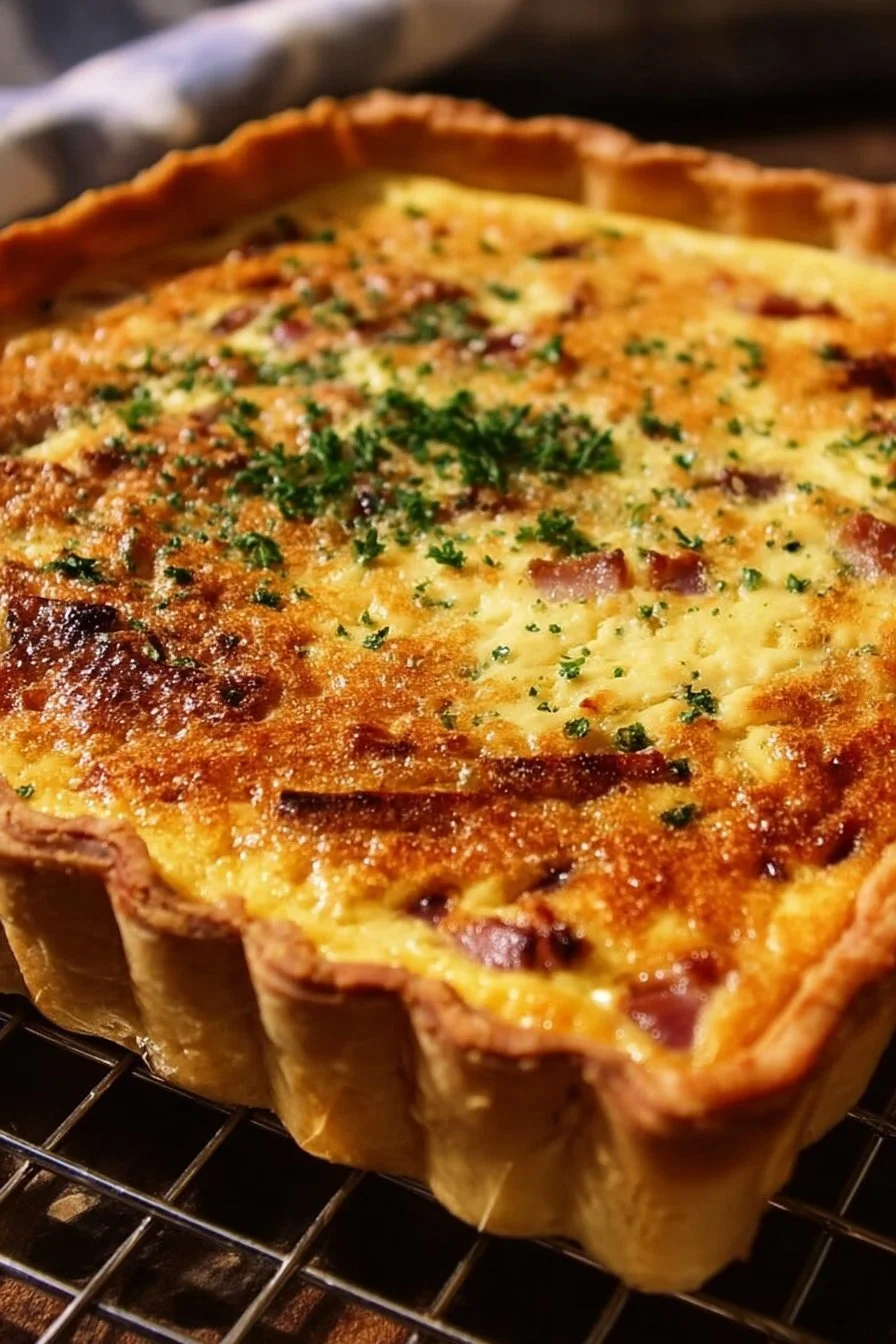 Quiche Lorraine garnie de lardons et de fromage, servie dans un plat