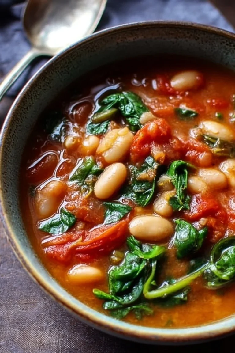Ragoût crémeux de tomates et de haricots blancs préparé dans un plat appétissant.
