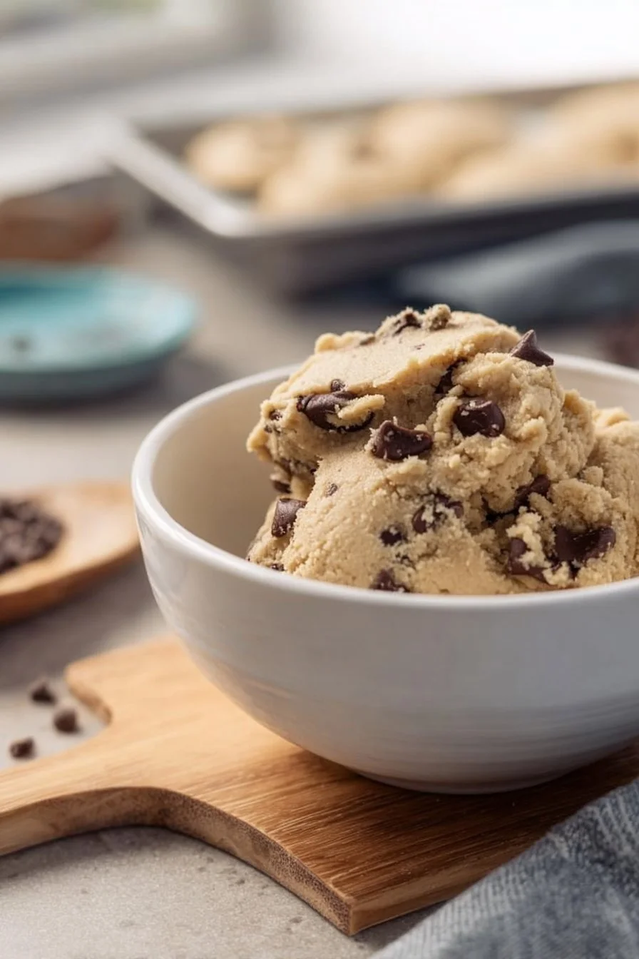 Pâte à cookie crue sans farine dans un bol avec des pépites de chocolat