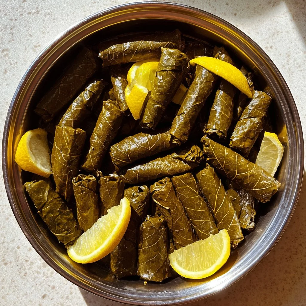 Plat de Sarma Turc servi avec des feuilles de vigne et une garniture savoureuse