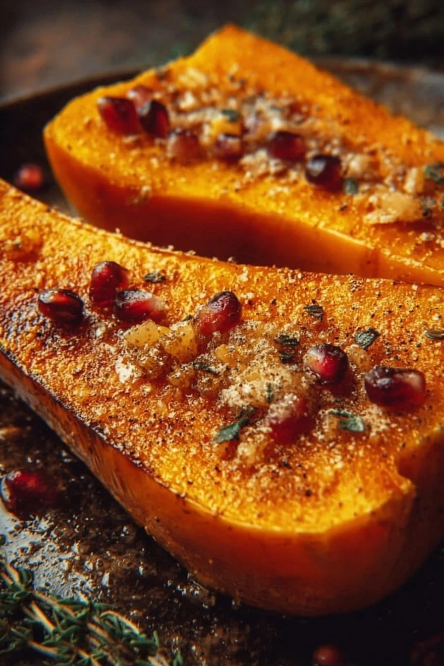 Courge butternut rôtie avec du miel, un plat savoureux et coloré.