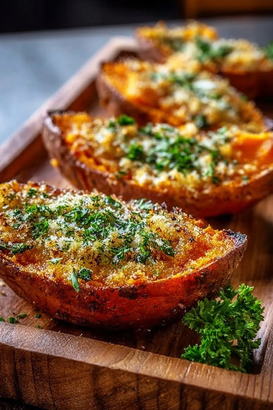 Patates douces rôties à l'ail et au parmesan sur une assiette