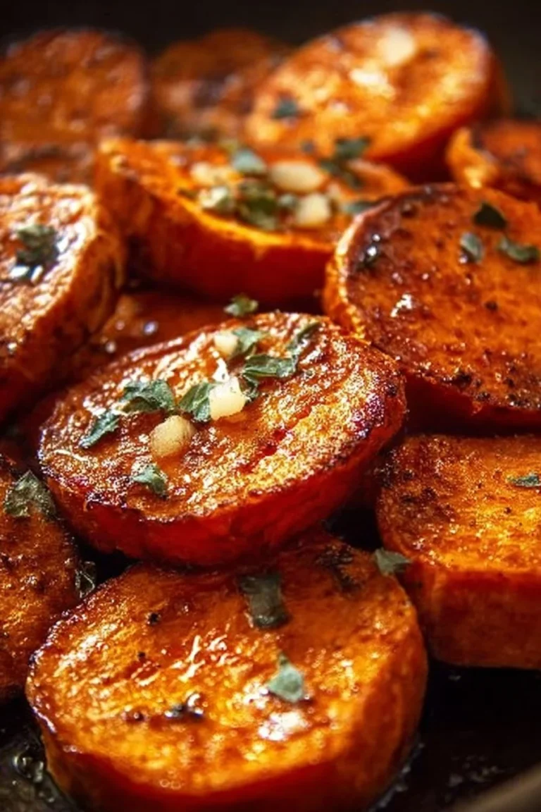 Rondelles de patates douces rôties dorées et croustillantes sur une assiette.