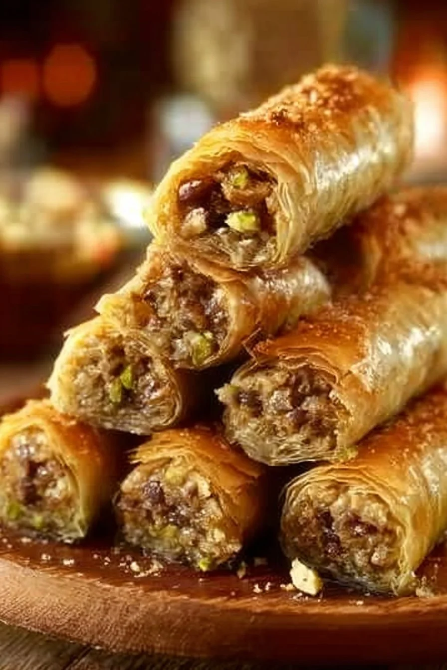 Rouleaux de baklavas aux noix, amandes et pistaches prêts à déguster.