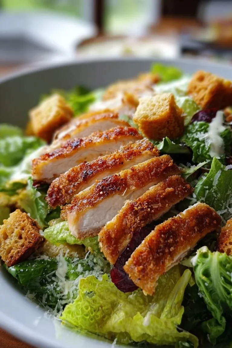 Salade César au poulet croustillant garnie de croûtons et parmesan