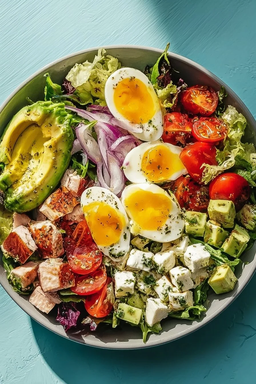 Une Salade Cobb garnie de légumes frais, avocat, poulet et œufs durs.