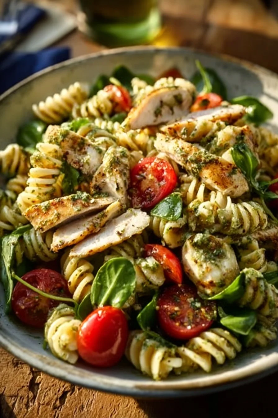 Salade de Pâtes au Poulet et Pesto servie dans un bol coloré