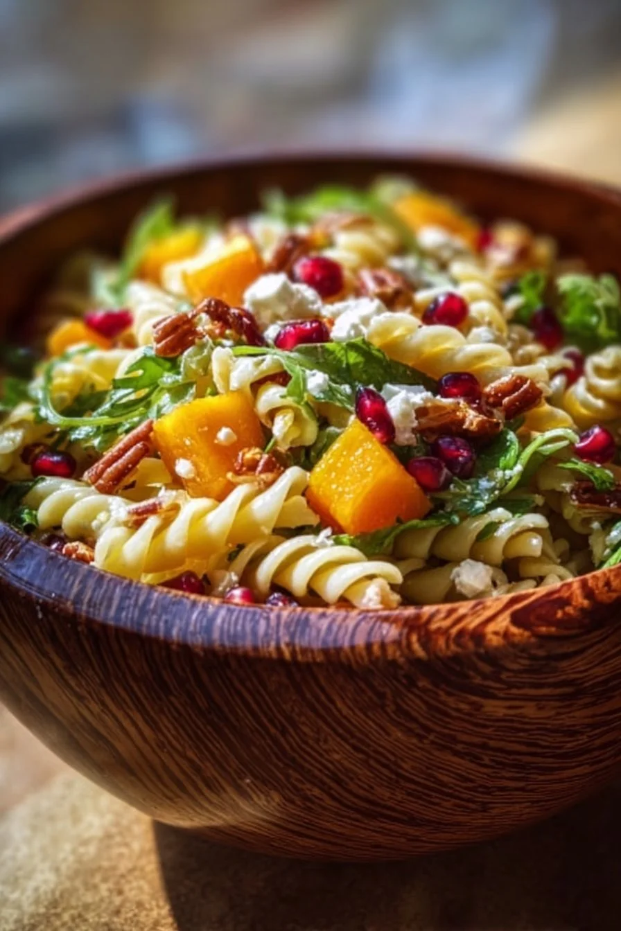 Salade de pâtes d'automne avec légumes colorés et vinaigrette