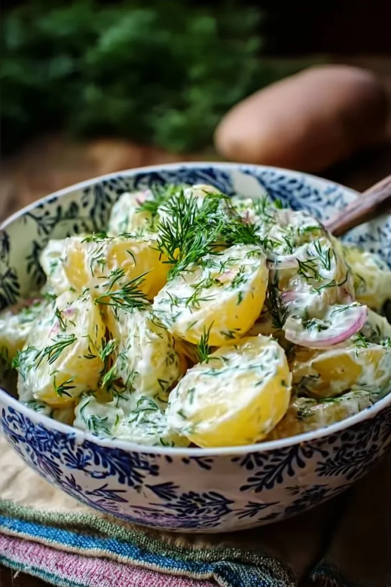Salade de pommes de terre à l’aneth façon Scandinave dans un bol de service