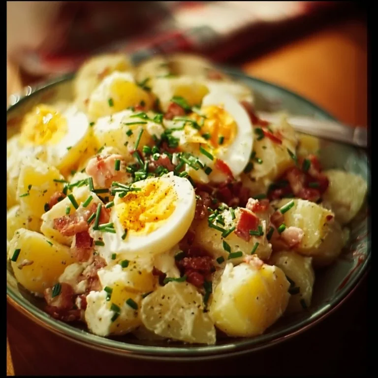 Salade de pommes de terre aux lardons et œufs dans un bol coloré