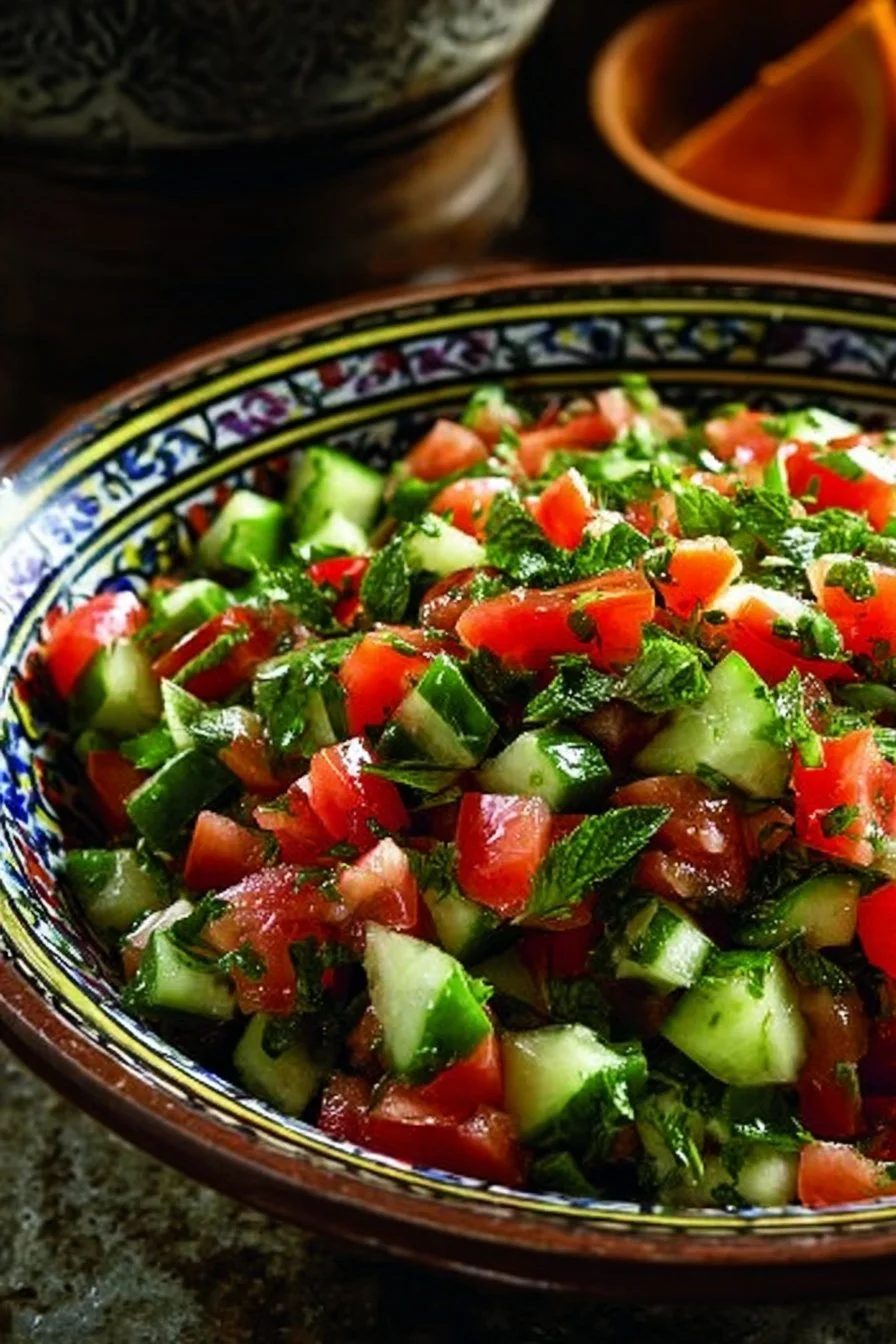 Salade marocaine de tomates et concombres servie dans un bol coloré