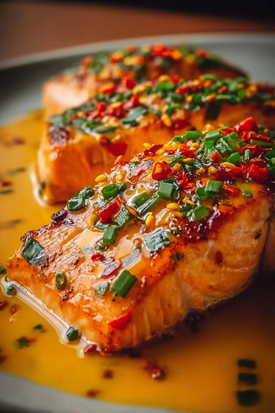 Plat de Saumon Bang Bang avec sauce épicée et garniture fraîche.