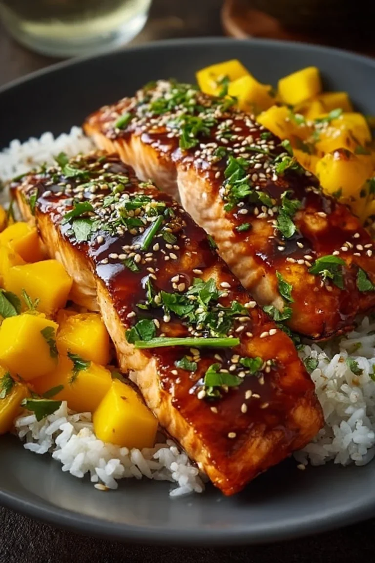 Saumon teriyaki à la mangue, plat savoureux et coloré.