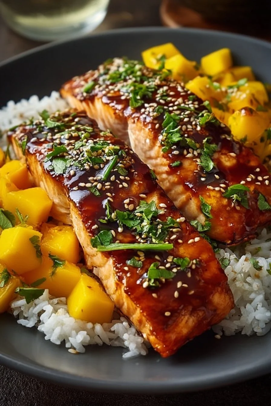 Saumon teriyaki à la mangue, plat savoureux et coloré.
