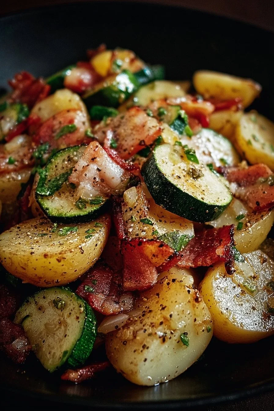 Sauté de pommes de terre, courgettes et bacon grillé dans une poêle