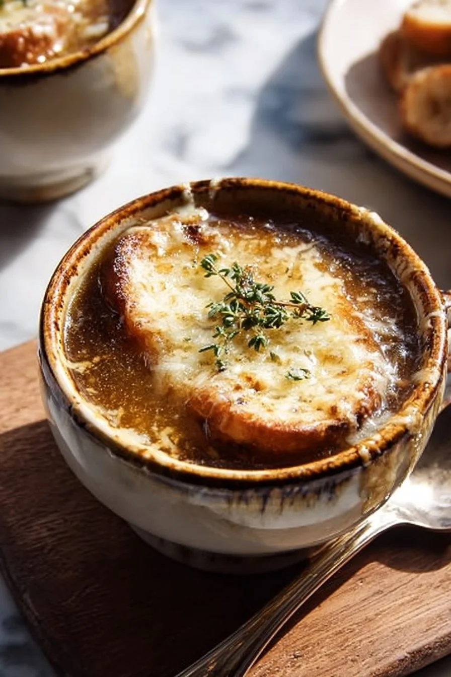 Bol de Soupe à l'Oignon Française garnie de fromage grillé