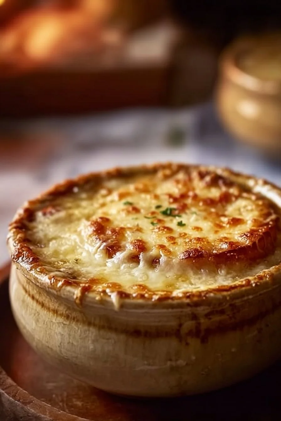 Bol de soupe à l'oignon gratinée avec fromage fondant