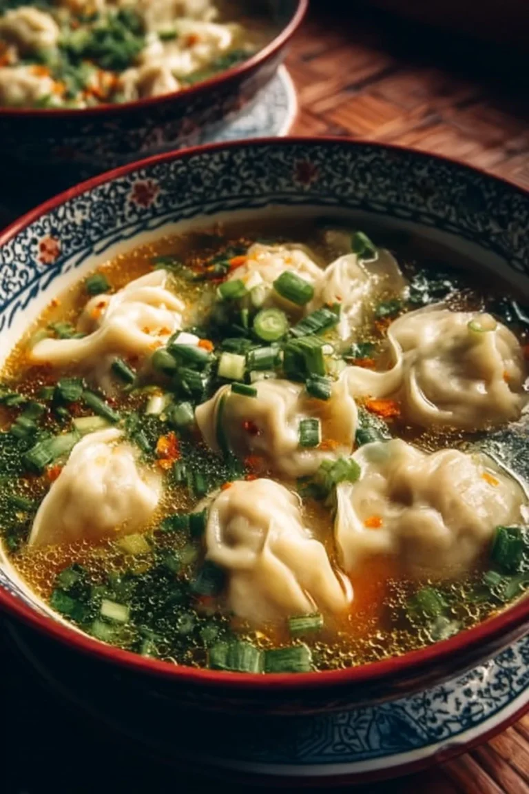 Soupe réconfortante aux raviolis chinois, garnie de légumes frais