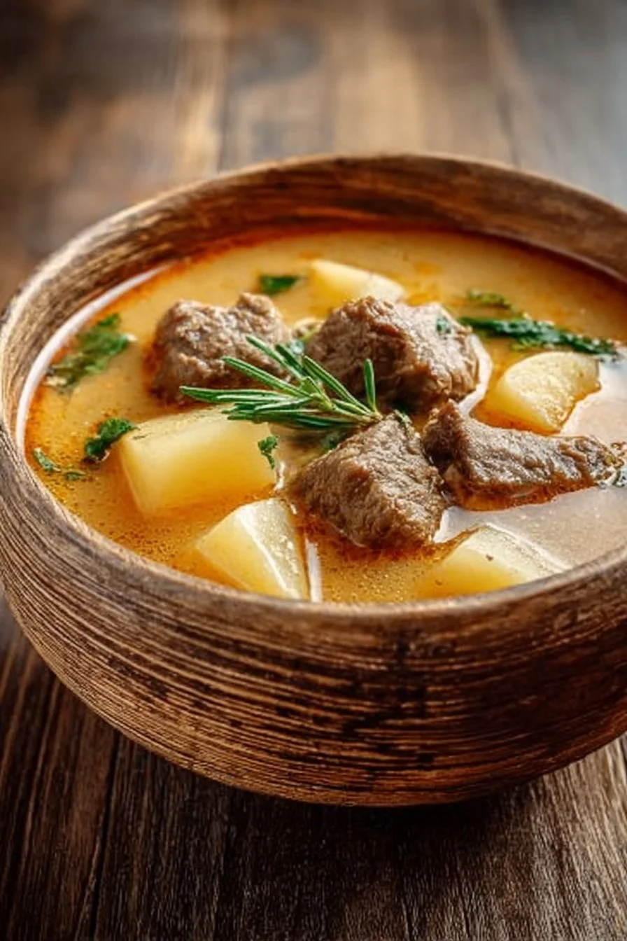 Soupe crémeuse au bifteck et pommes de terre dans un bol