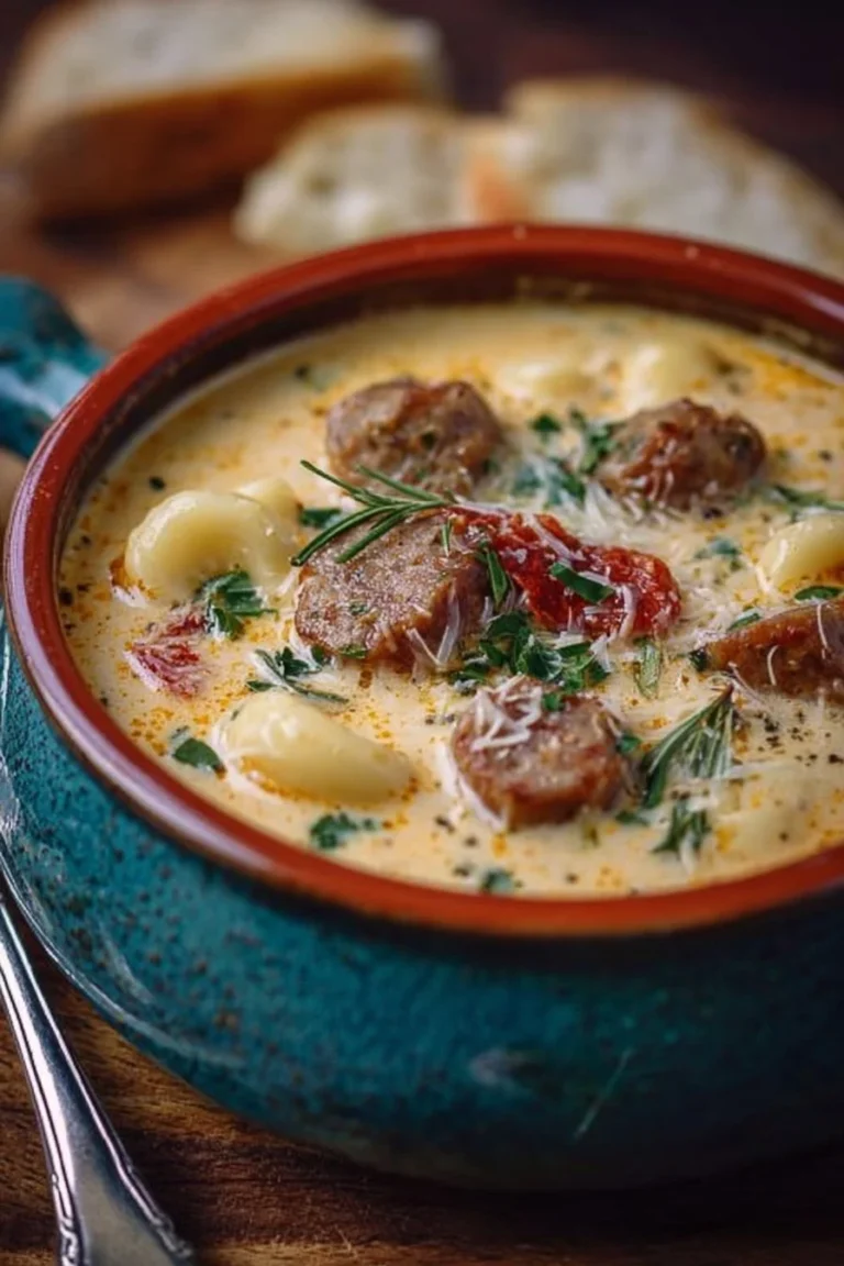 Soupe crémeuse au parmesan et saucisse dans un bol chaud