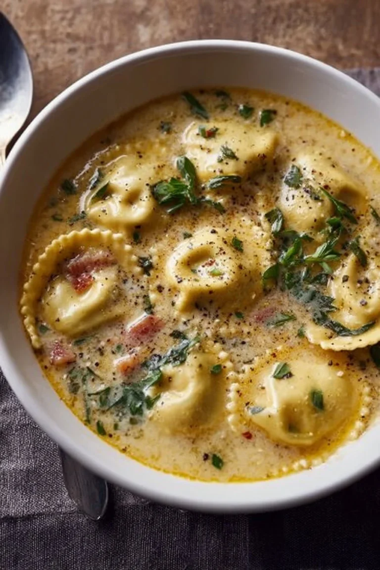 Soupe crémeuse avec des raviolis garnis, servie dans un bol.