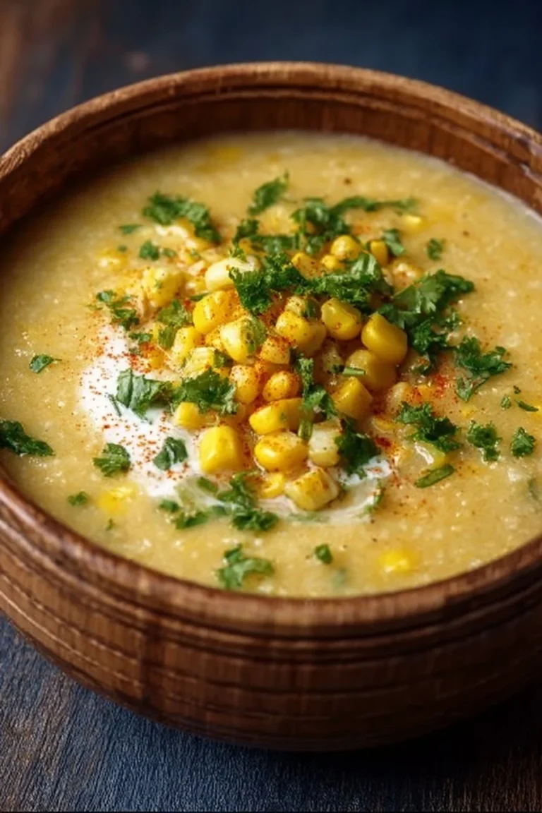 Soupe de maïs mexicain servie dans un bol avec garnitures.