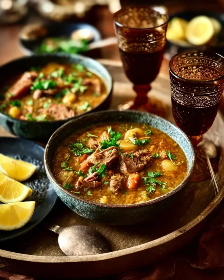 Soupe Harira marocaine, une spécialité fassie riche en arômes et ingrédients.