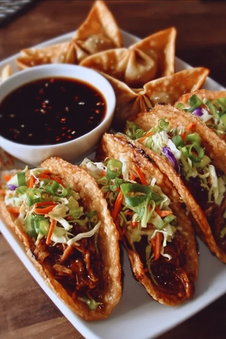 Tacos au Poulet Teriyaki avec wontons croustillants et garnitures fraîches