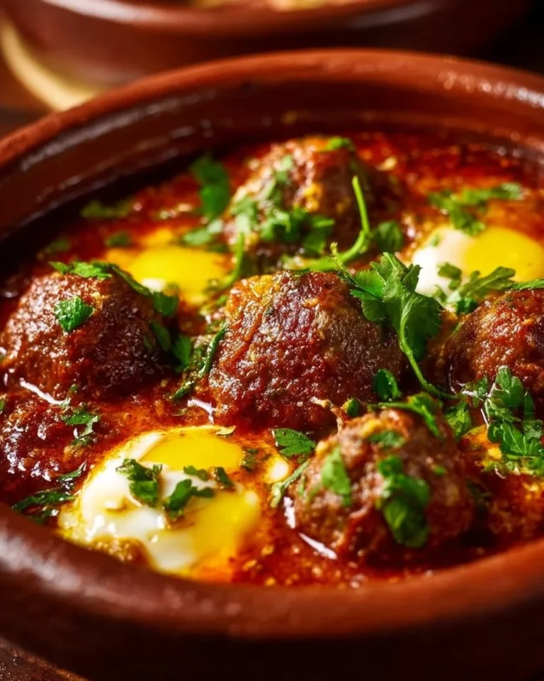 Tajine de Kefta aux Œufs servi avec des herbes fraîches