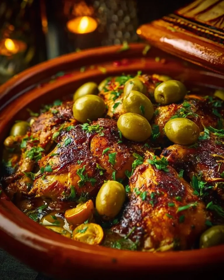 Tajine de poulet aux olives préparé dans un plat marocain traditionnel.