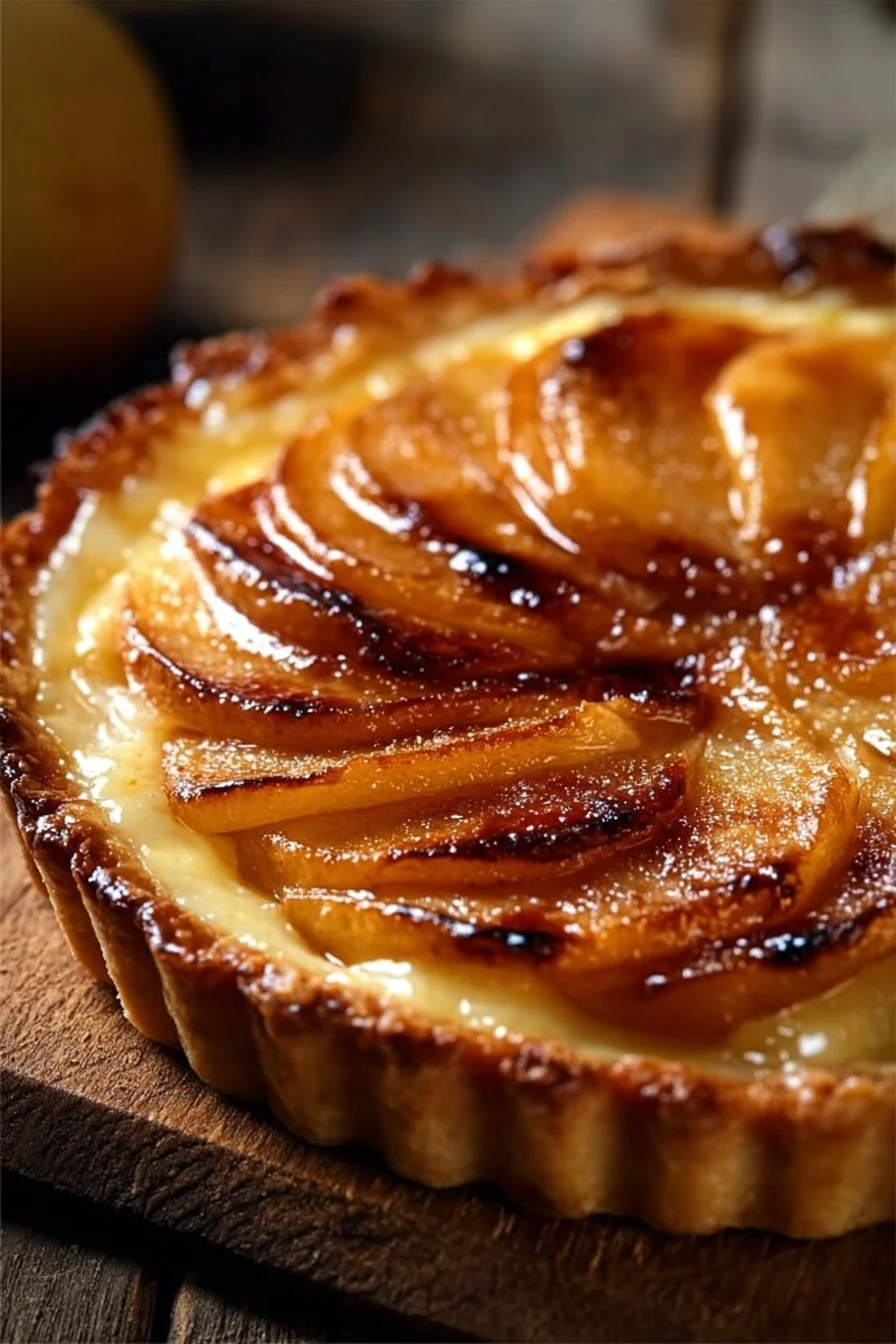 Tarte aux Pommes façon Crème Brûlée avec une croûte dorée et garniture crémeuse.