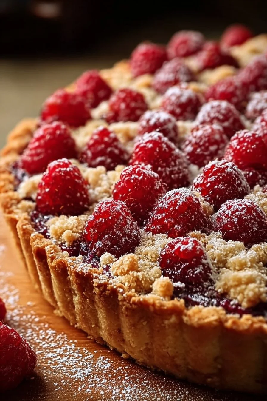 Tarte Crumble Framboises, dessert gourmand avec une croûte croustillante et fruits frais.
