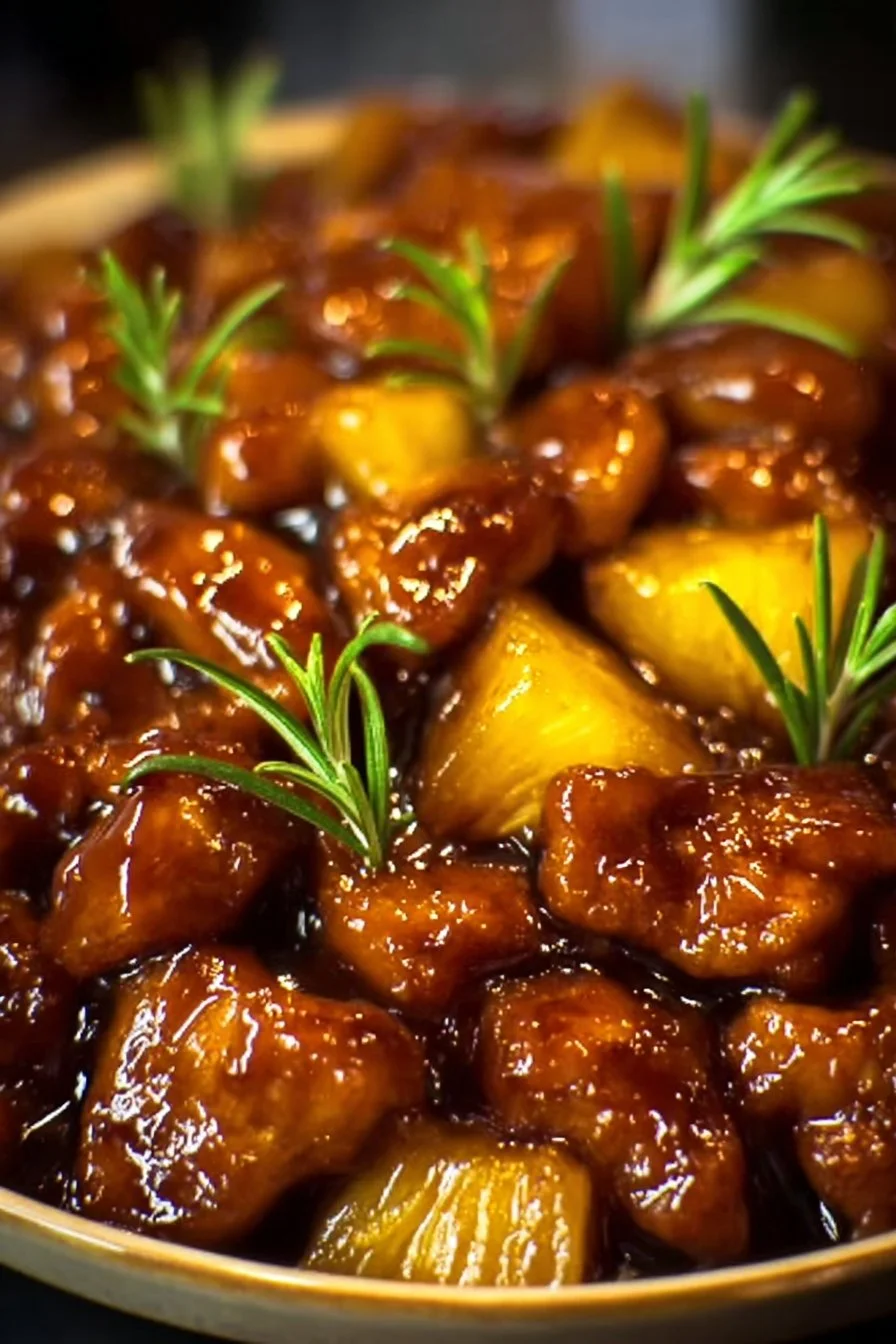 Poulet caramélisé tendre avec morceaux d'ananas et sucre brun