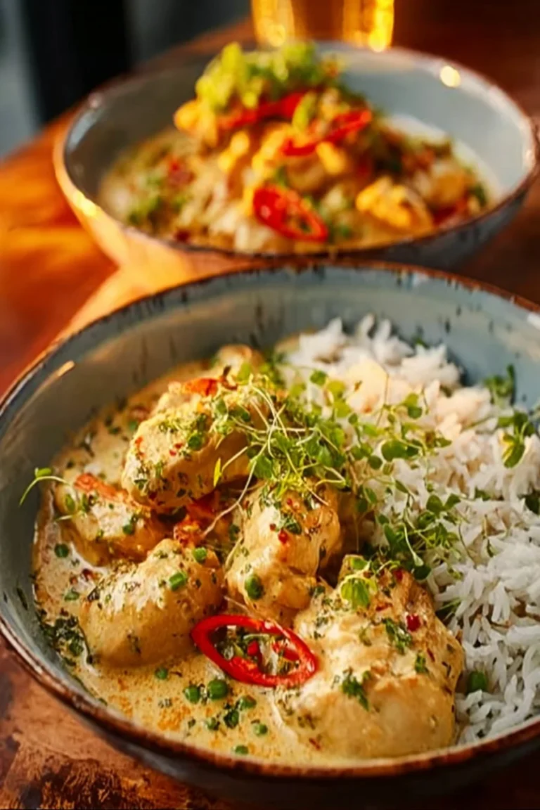 Poulet tendre servi avec du riz crémeux au lait de coco dans une assiette.
