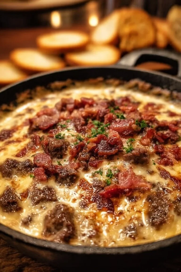 Trempette au fromage et au bœuf servie dans un bol avec des légumes croquants