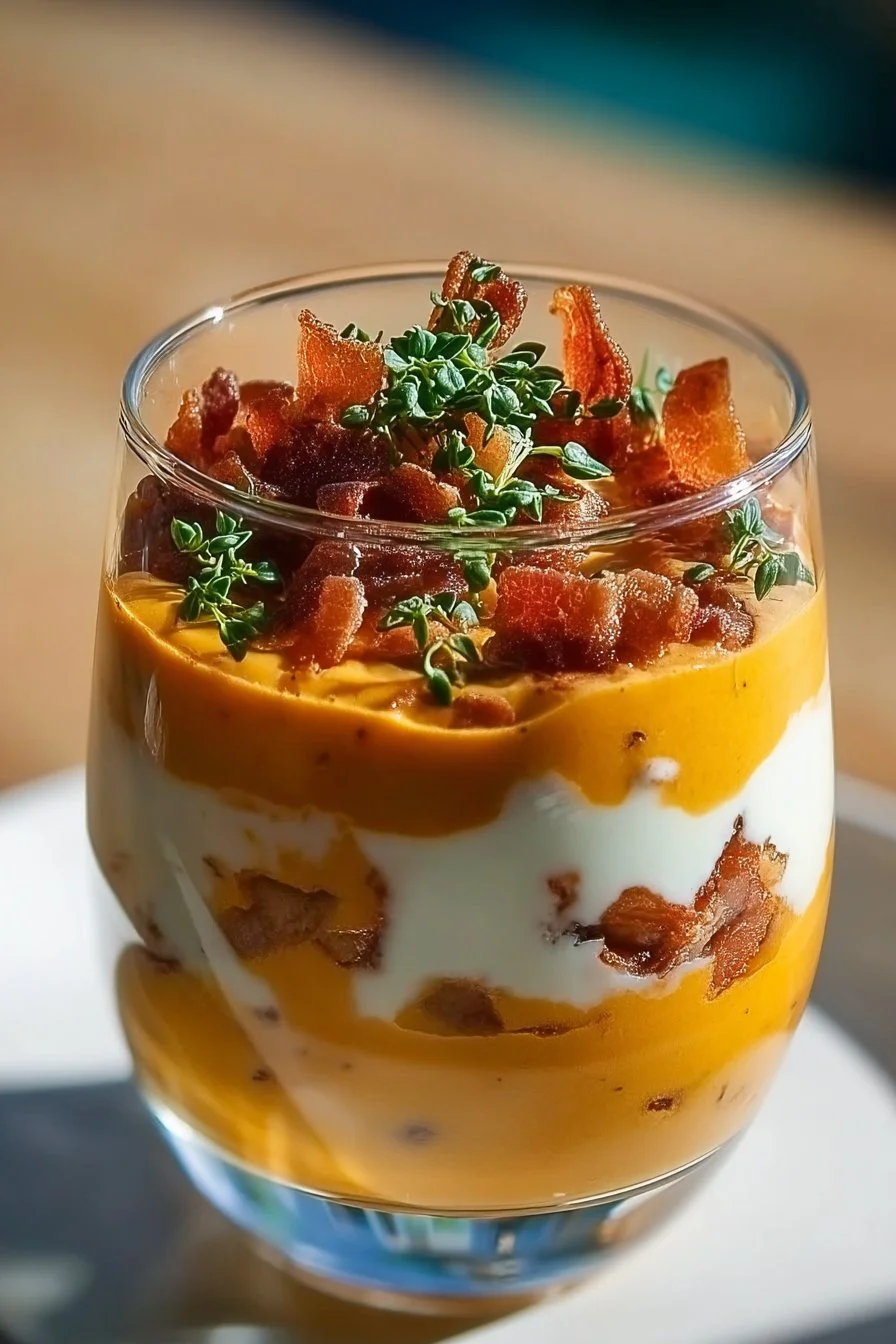 Verrines butternut avec chorizo et lard, une entrée créative et délicieuse.