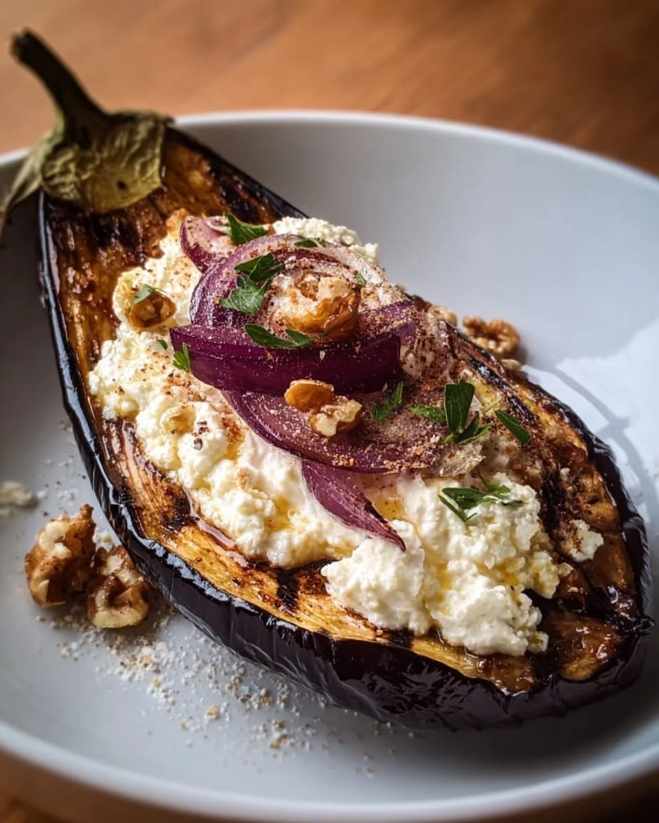 Aubergine farcie au fromage de chèvre, prête à être servie sur une assiette.