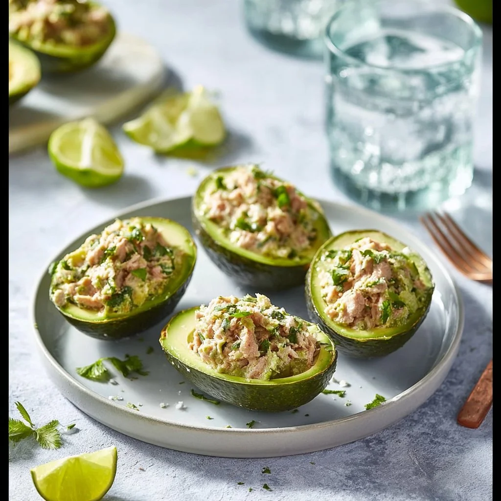 Avocat farci au thon, fromage frais et noix, plat appétissant et sain