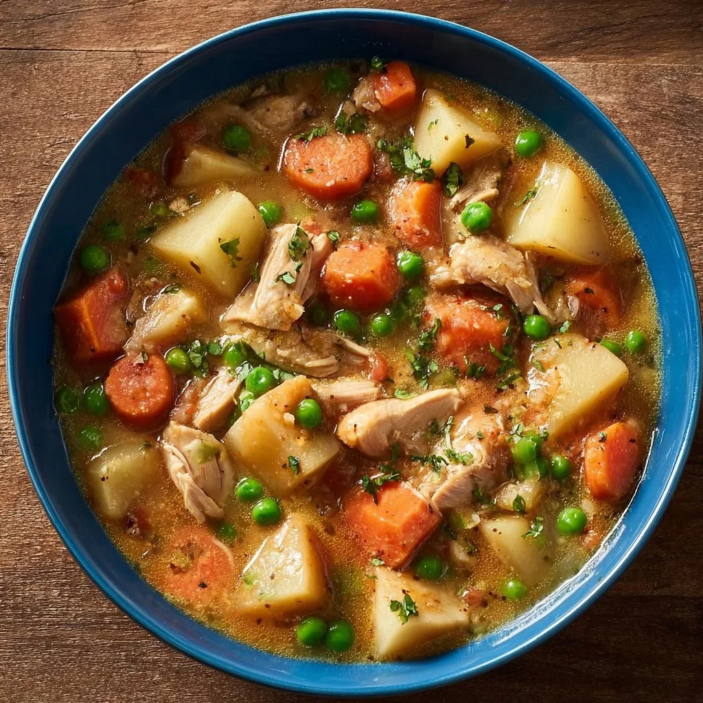 Blanquette de poulet aux légumes de printemps dans une assiette blanche