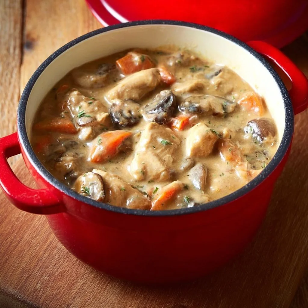 Plat de blanquette de poulet sans vin servi dans une assiette élégante