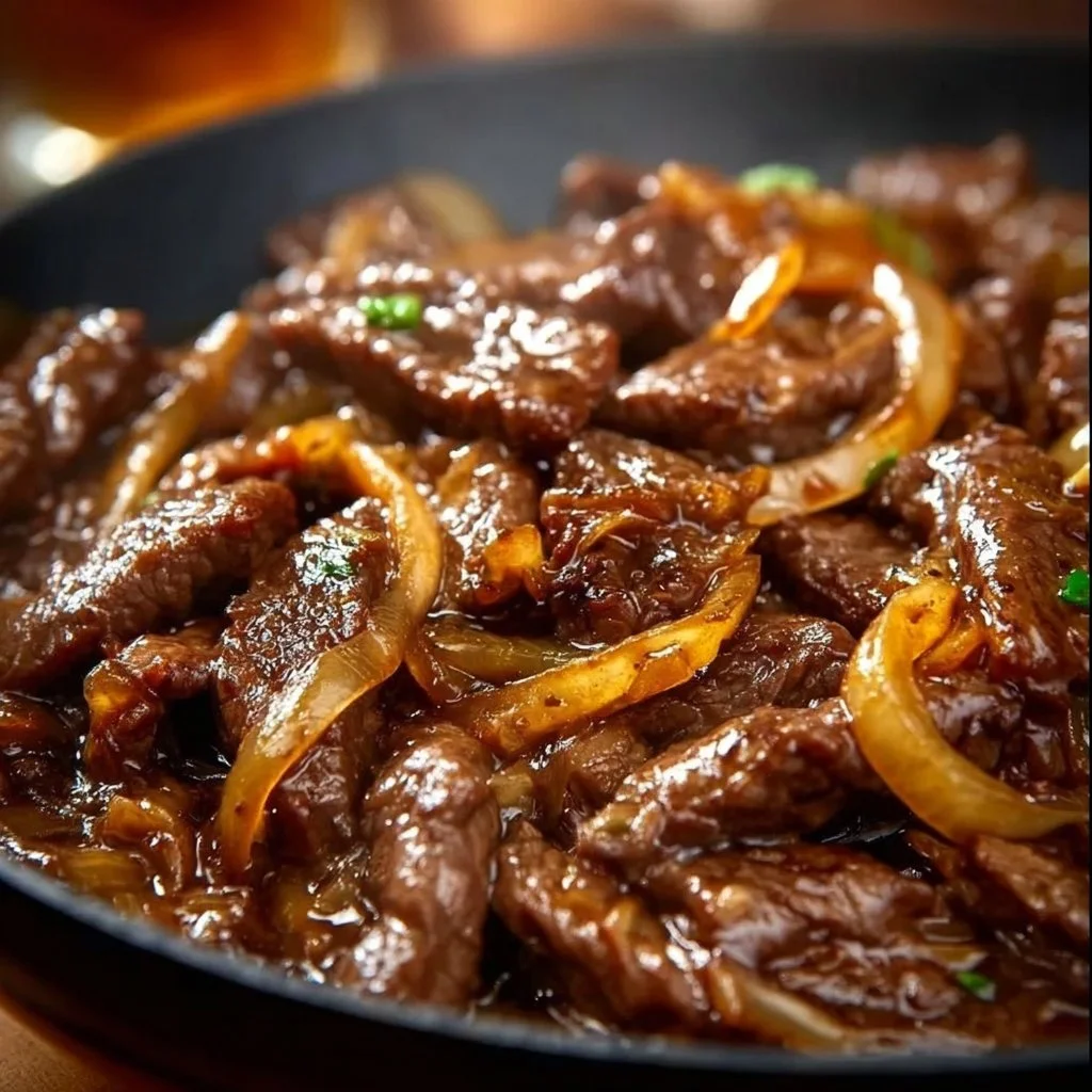 Bœuf Sauté aux Oignons dans une poêle