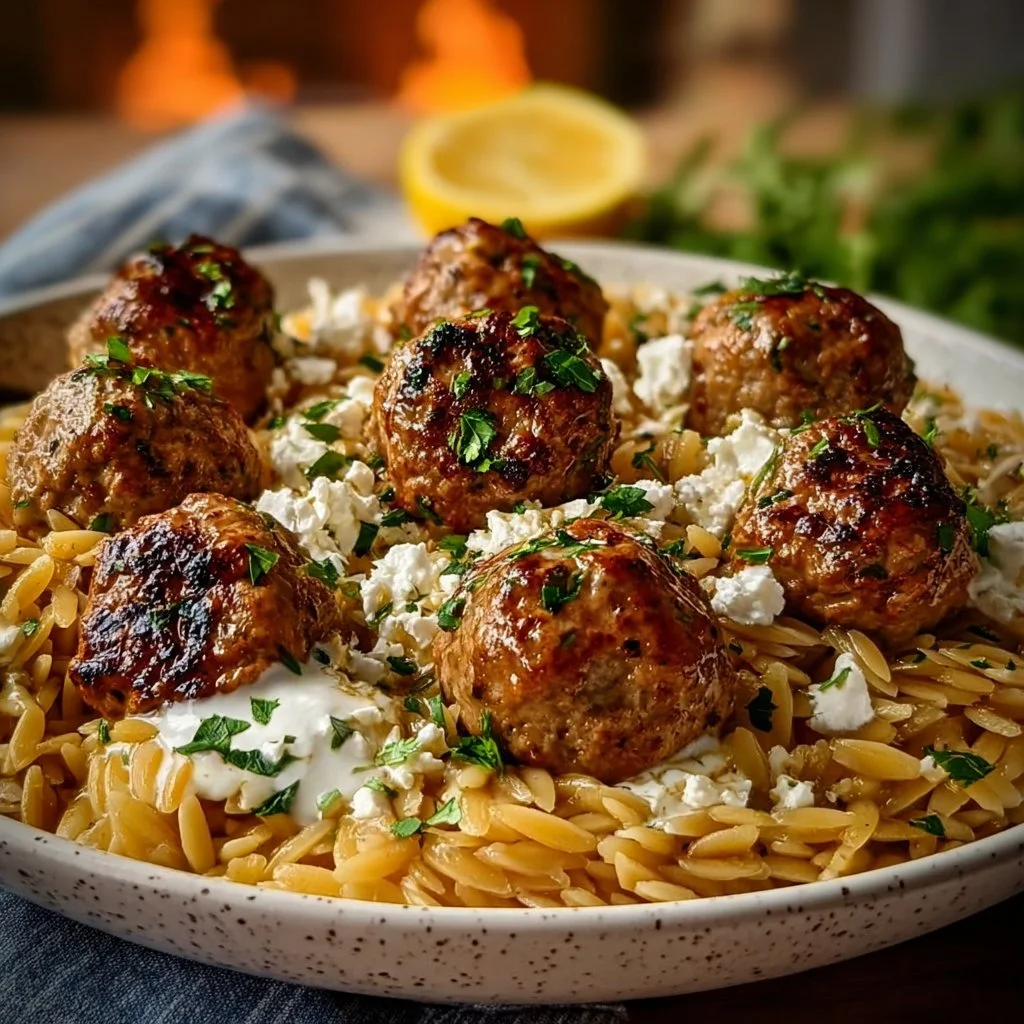 Boulettes Grecques accompagnées d'orzo citronné et de crème de feta délicieuse